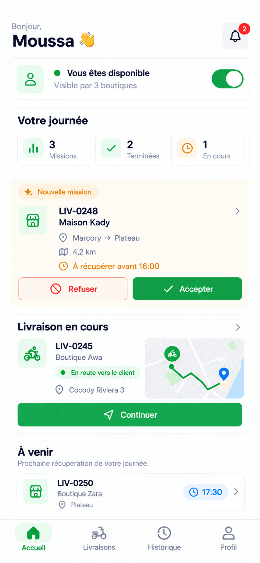 Espace de livraison de l’application Ziahi